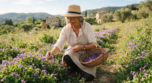 Récolte des violettes à la main